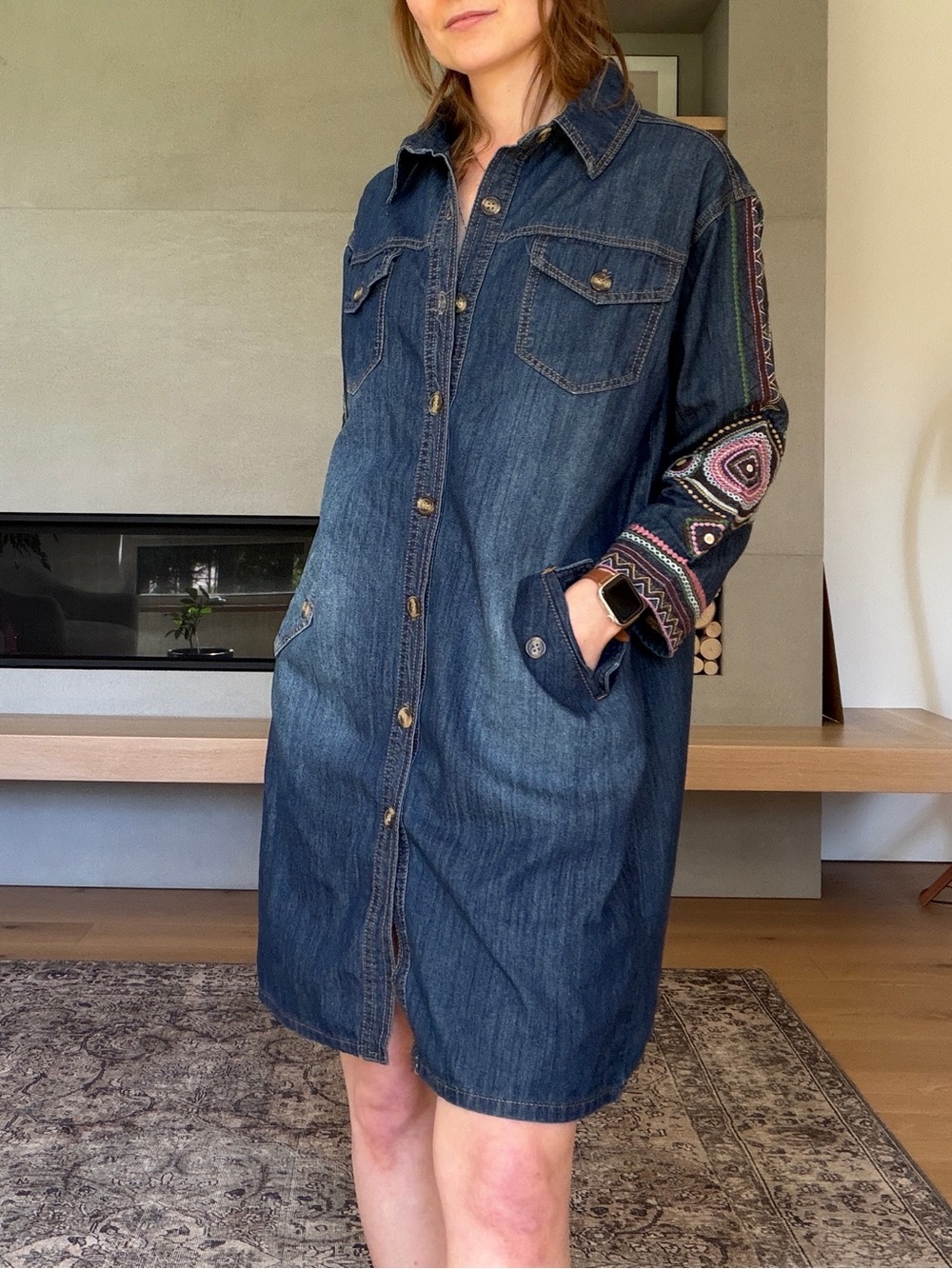 Vintage Embroidered-Sleeve Denim Shirt Dress - likely medium large
